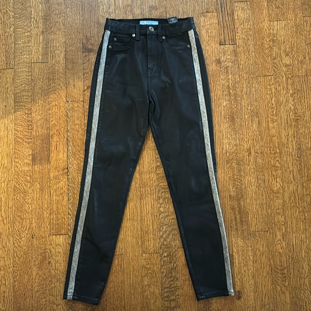7 for all mankind waxed black pants with side detail, size 25